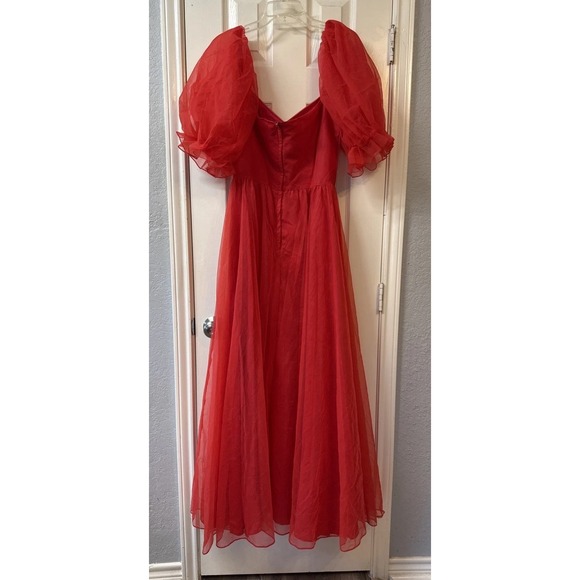 Vtg‎ Red Chiffon Union Made Full Maxi Sweetheart Prom Party Dress Puff Sleeves - Picture 6 of 16